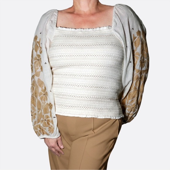 Anthropologie Tops - Anthropologie Boho Luxe Smocked Blouse Tan Embroidery Plus Size 1X XL‎ Romantic